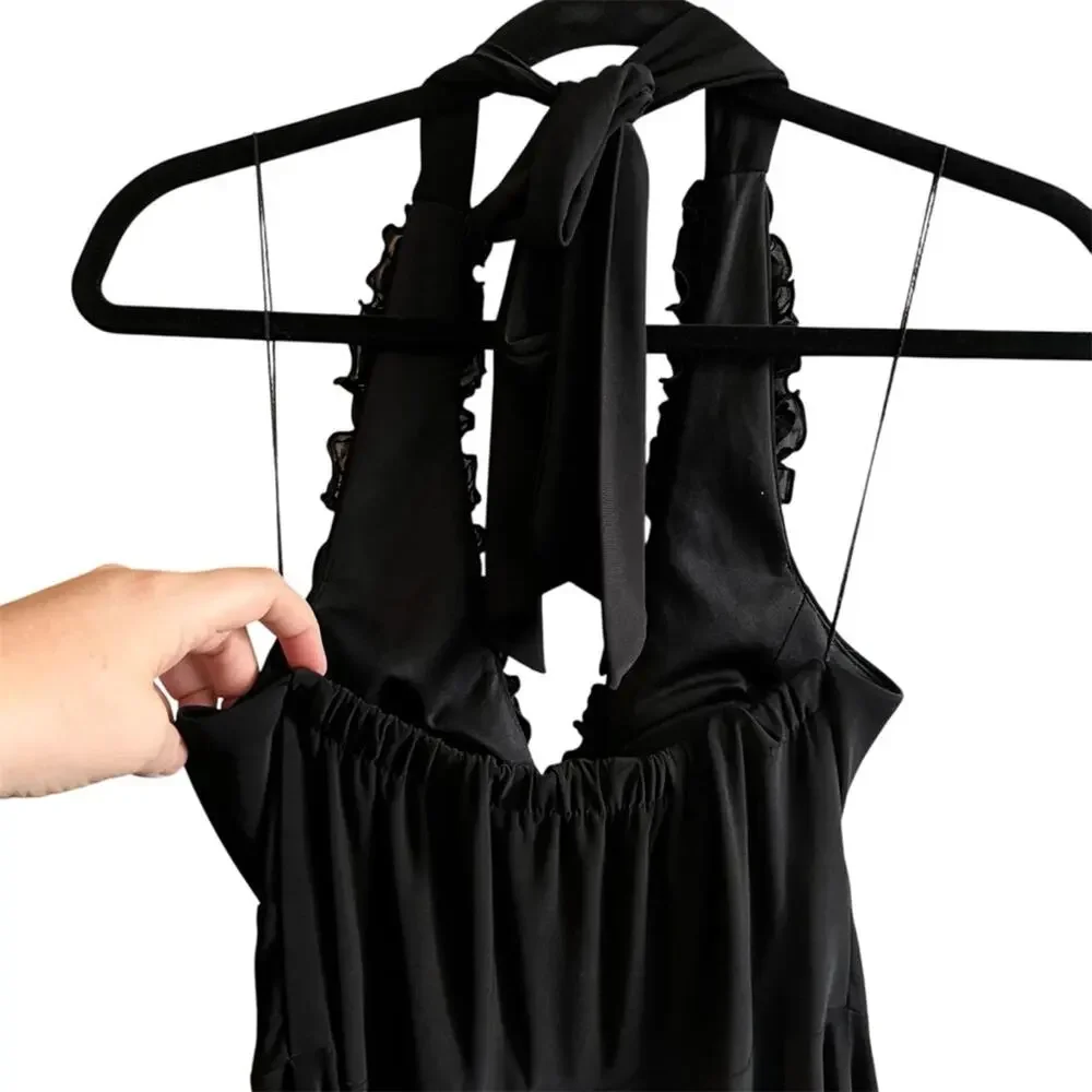 Onyx Nite by Wendy Chaitin Black Ruffle Halter Mini Dress stretch womens size 4